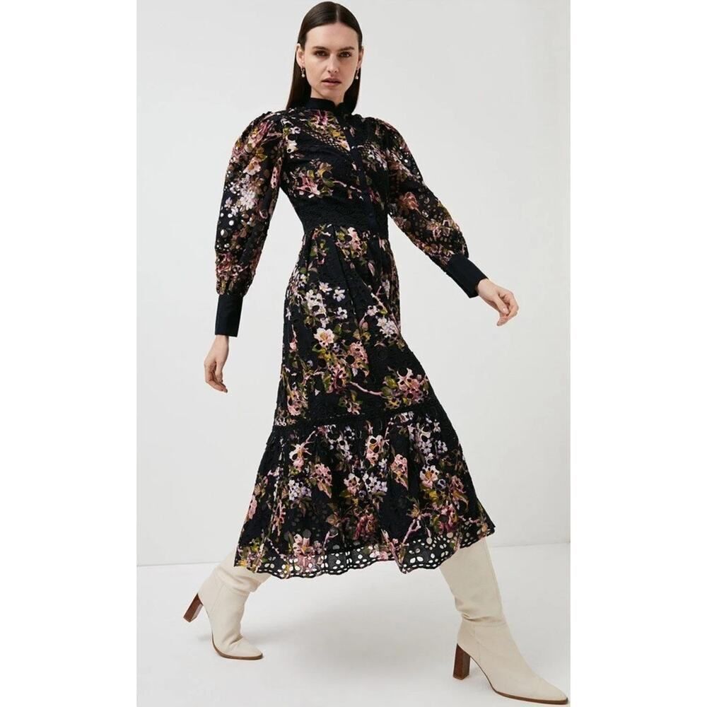 Karen Millen Floral Broderie Woven Midi Dress US 6 Black Lace Trim Cotton